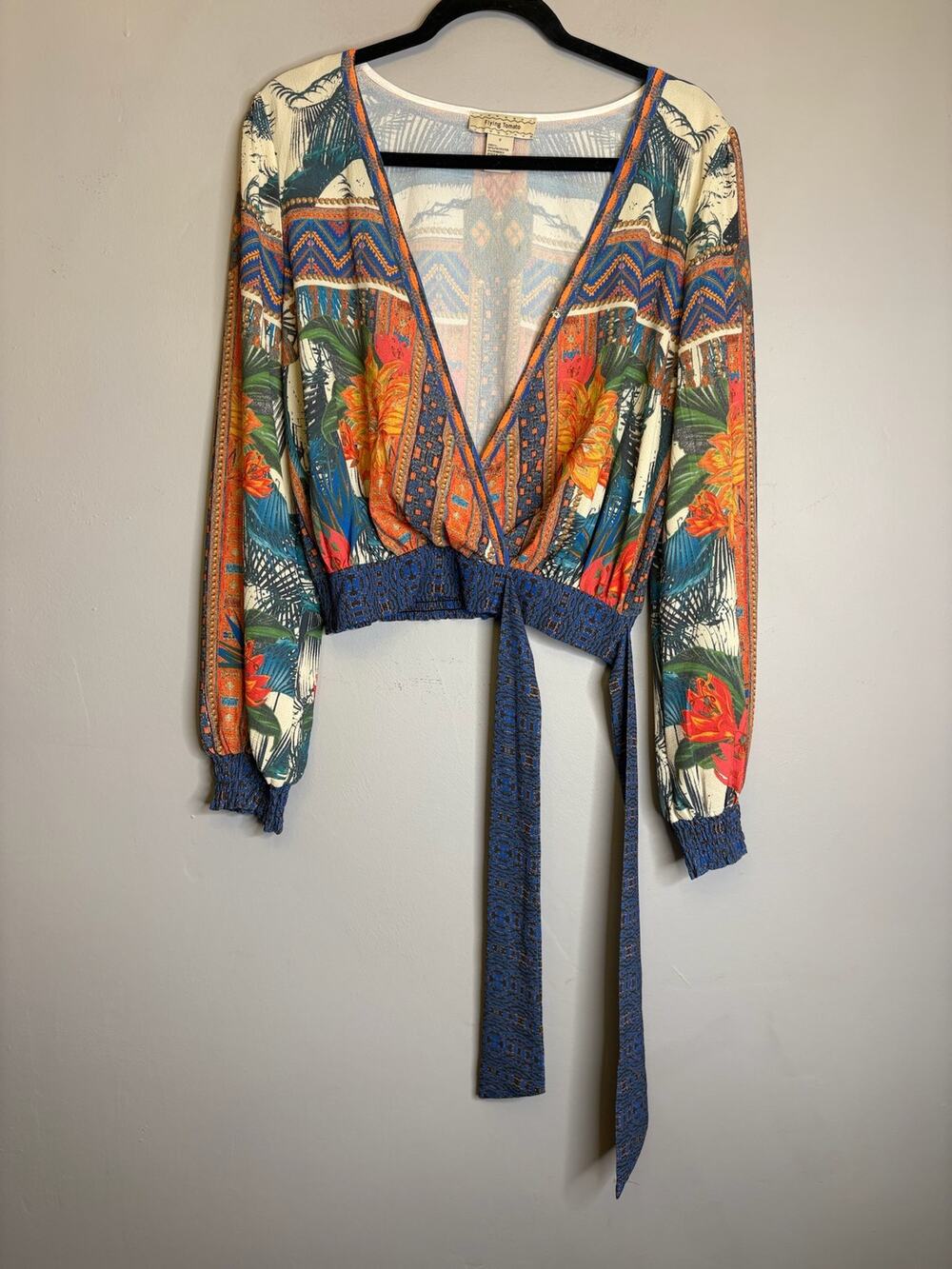 Flying Tomato Boho Floral Wrap Blouse Women's Size S Long Sleeve Tie Crop Top